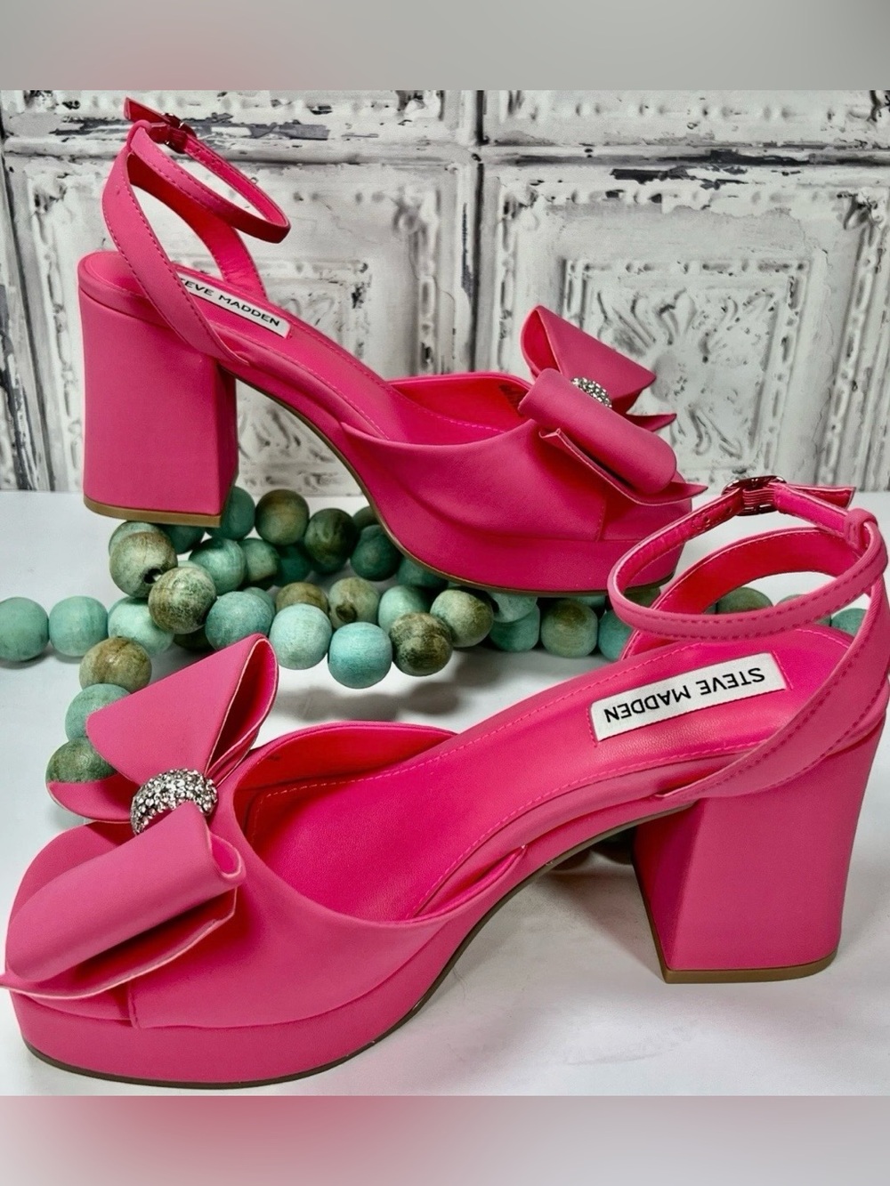 NIB Steve Madden Aerin Satin Platform Heels Rhinestone Bow Pink Sz 8 Barbiecore - Picture 5 of 16